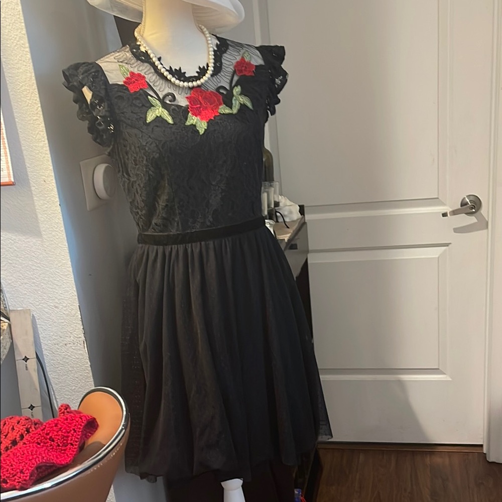 Black Lace Dress with Red Floral Embroidery